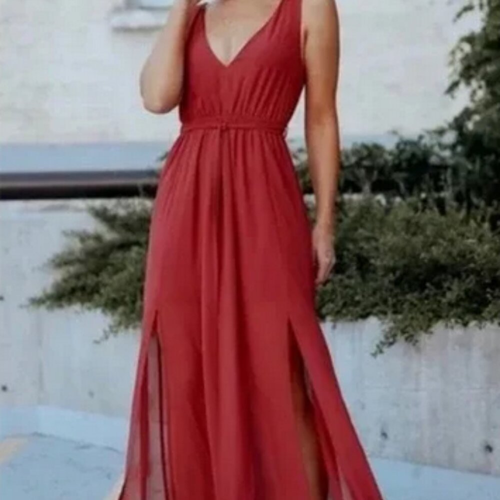 Baltic Born Red Maxi Dress with V-Neck and Front Slits - Picture 1 of 8